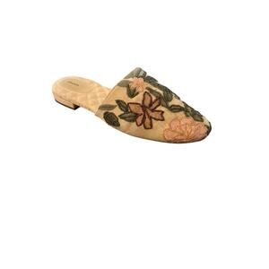 Birdies Songbird Linen Cream Embroidered Beaded Floral Mules Flat Shoes Sz 9